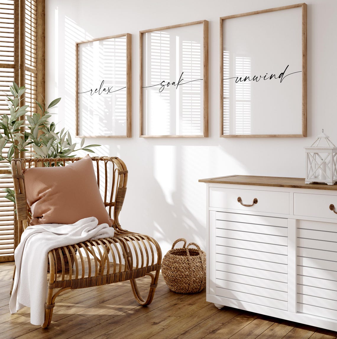 Relax Soak Unwind Script Bathroom Trio Typography Minimalist Poster - Image 2