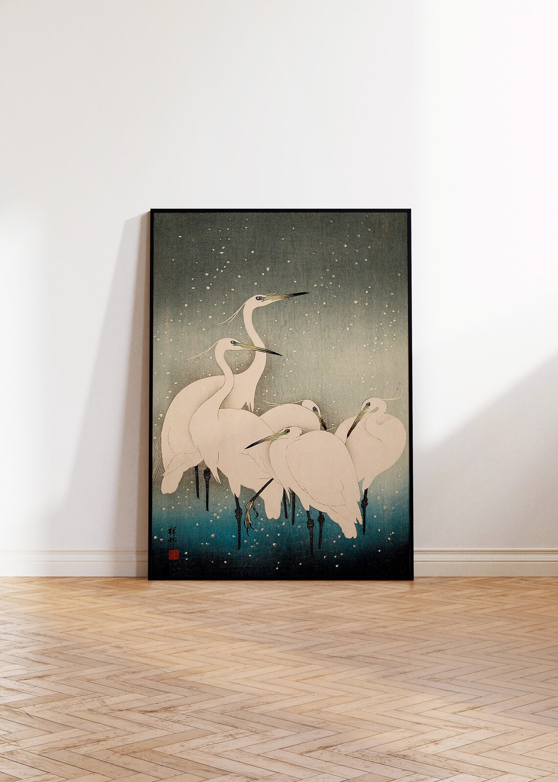 White Herons Snow Night Vintage Japanese Woodblock Bird Poster