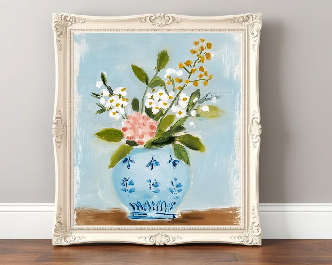 Blue Floral Vase Impressionist Still Life Pink Flowers Poster