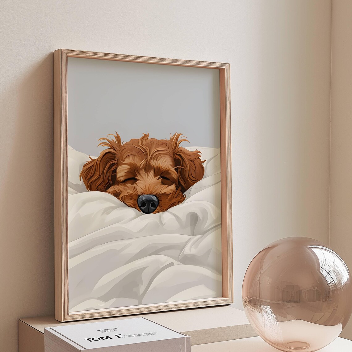 Cavapoo Sleeping Dog Art Print, Blue Home Decor