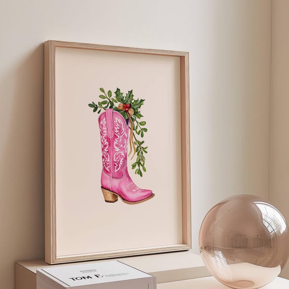 Pastel Pink Cowboy Boot Art Print, Whimsical Christmas