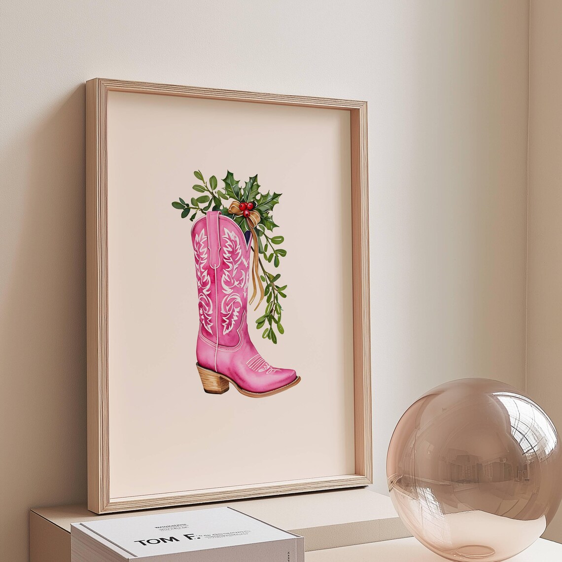 Pastel Pink Cowboy Boot Art Print, Whimsical Christmas
