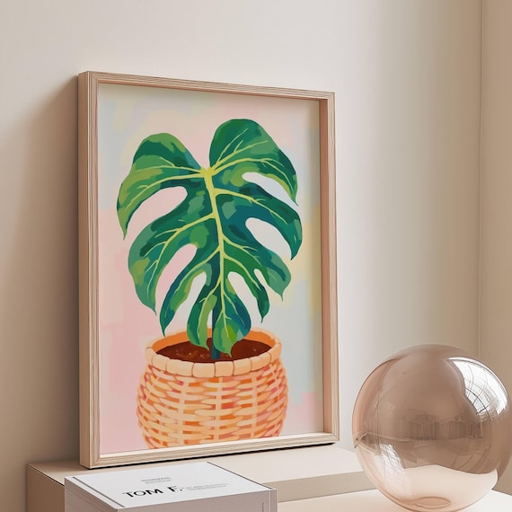 Monstera Deliciosa Leaf Wicker Basket Botanical Plant Wall Decor Poster
