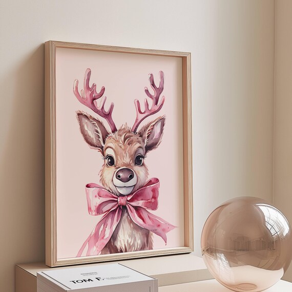 Pink Watercolor Reindeer Big Bow Cute Christmas Holiday Poster