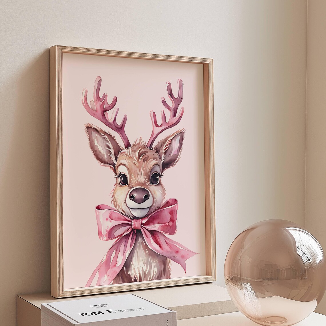 Pink Watercolor Reindeer Big Bow Cute Christmas Holiday Poster