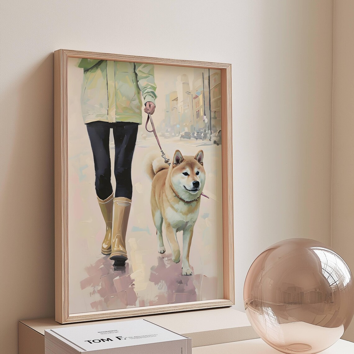 Shiba Inu City Walk Dog Leash Pastel Urban Street Pet Poster