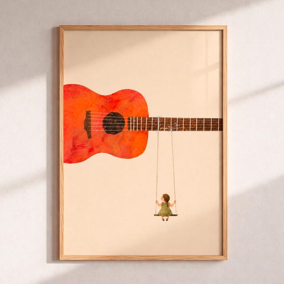 Guitar Art Print Surreal Music Poster Whimsical Girl On Swing Wall Decor Musician Gift Acoustic Illustration Nursery Home Studio