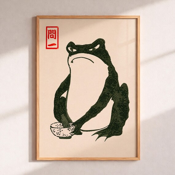 Matsumoto Hoji Frog Print Japanese Vintage Wall Art Grumpy Toad Whisking Matcha Zen Kitchen Decor Minimalist Ukiyoe Animal Poster