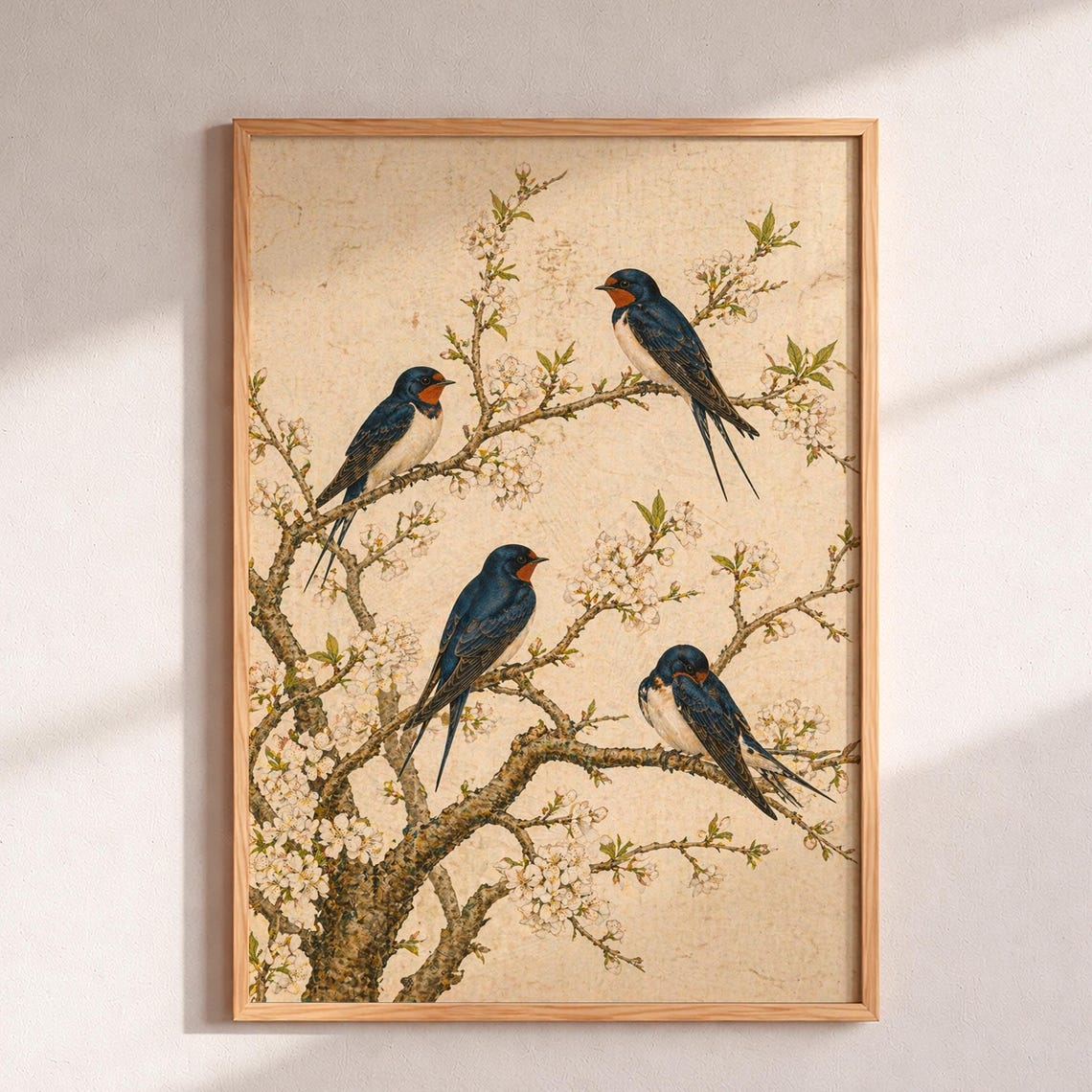Four Barn Swallows on Blossom Tree Vintage Japanese Nature Poster