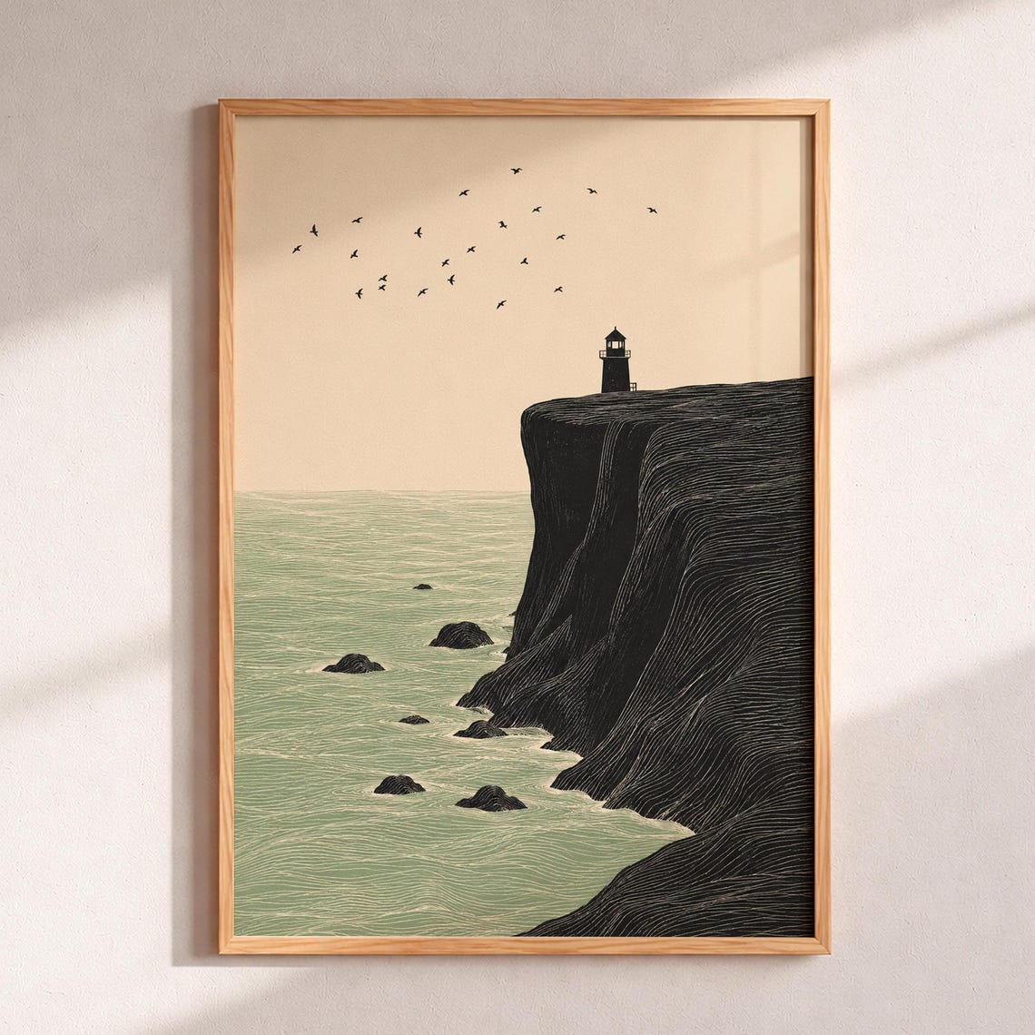 Lighthouse Cliff Coastal Linocut Poster Minimalist Ocean Seaside Art