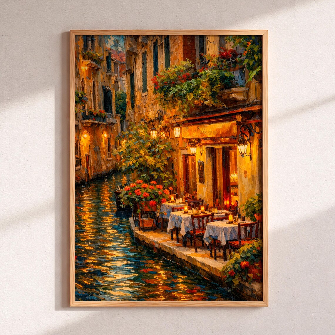 Venice Italy Canal Restaurant Evening Golden Light Oil Paint Poster