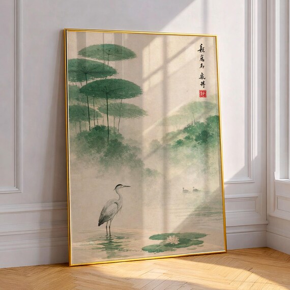 Japanese Heron Wall Art Vintage Crane Poster Asian Nature Print Zen Lotus Flower Painting Japandi Decor Oriental Ink Artwork Antique Style