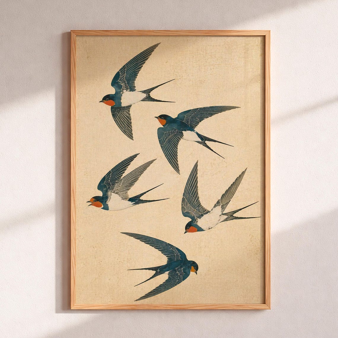 Five Swallows in Flight Antique Japanese Bird Illustration Poster