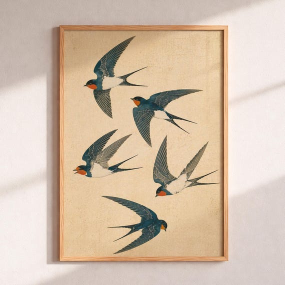 Japanese Swallows Wall Art Antique Bird Print Asian Nature Poster Flying Birds Illustration Traditional Decor Animal