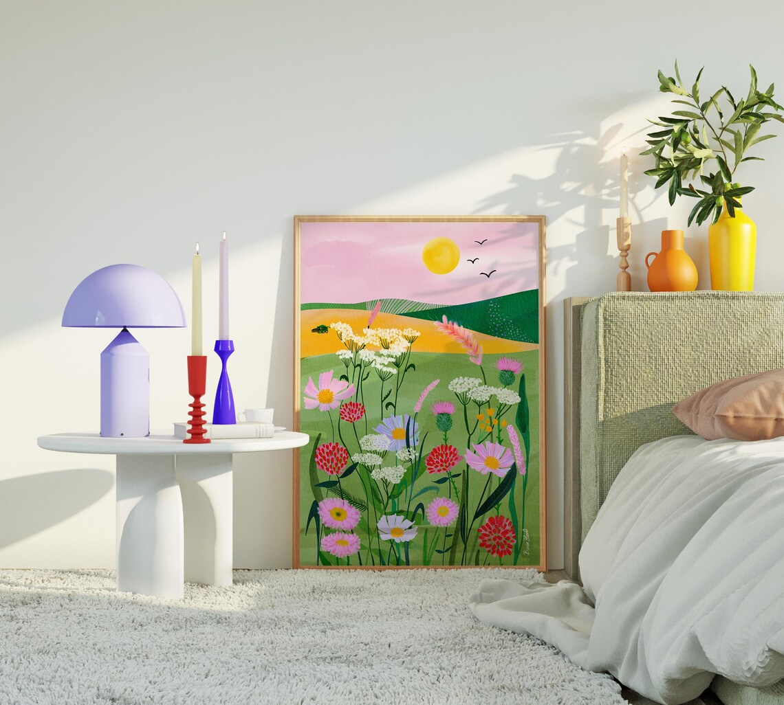Whimsical Pink Meadow Wildflower Landscape Sunny Floral Art Poster - Image 7