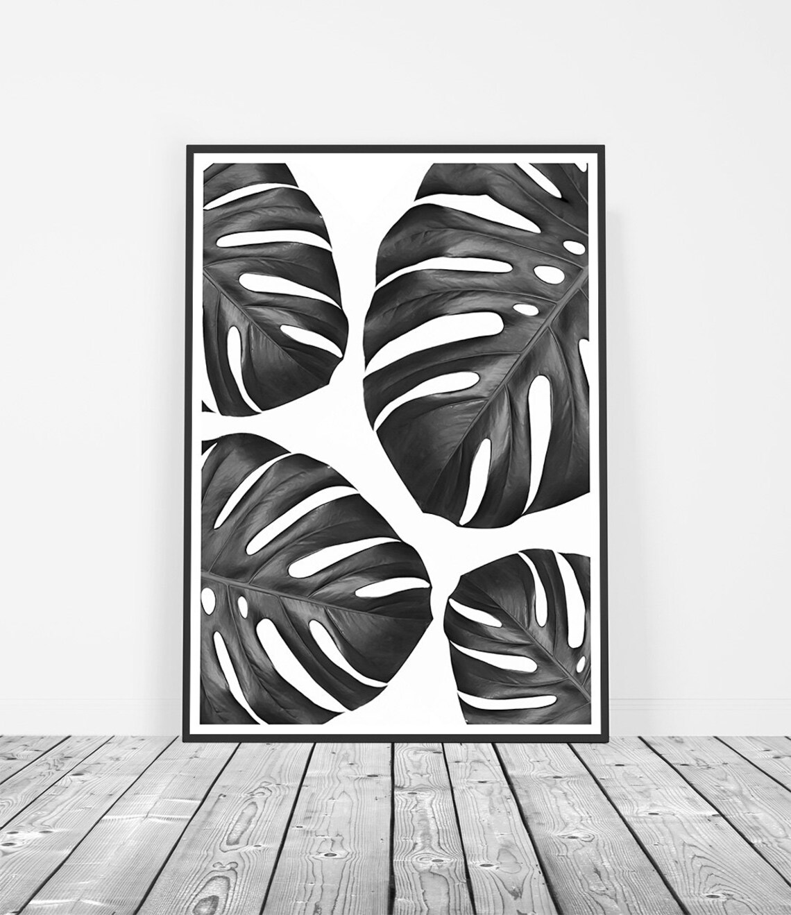 Monstera Leaf Tropical Botanical Art Print, Black and White