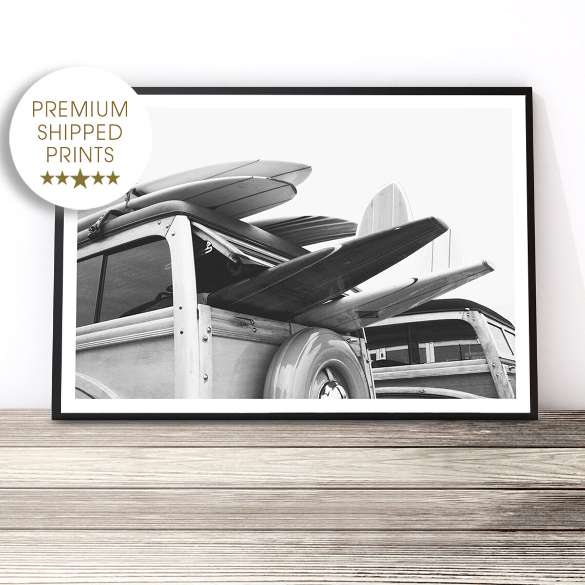 Vintage Van Surf Art Print, Black and White Beach Wall Art