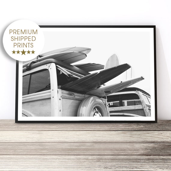 Vintage Van Surf Art Print, Black and White Beach Wall Art