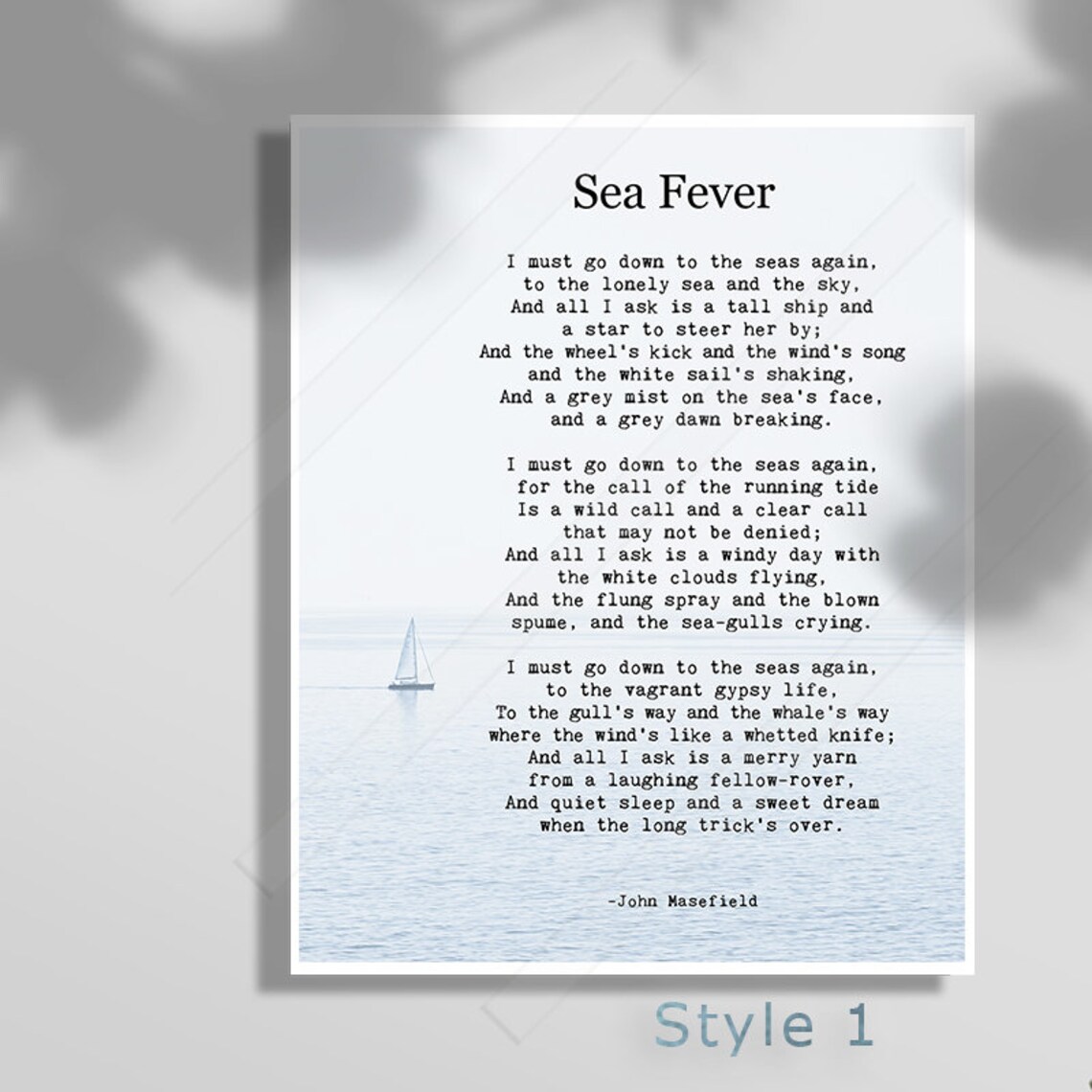 John Masefield Sea Fever Full Poem Sailboat Ocean Typewriter Poster