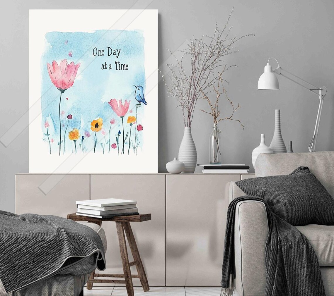 One Day At A Time Wildflower Meadow Bluebird Watercolor Poster - Image 3