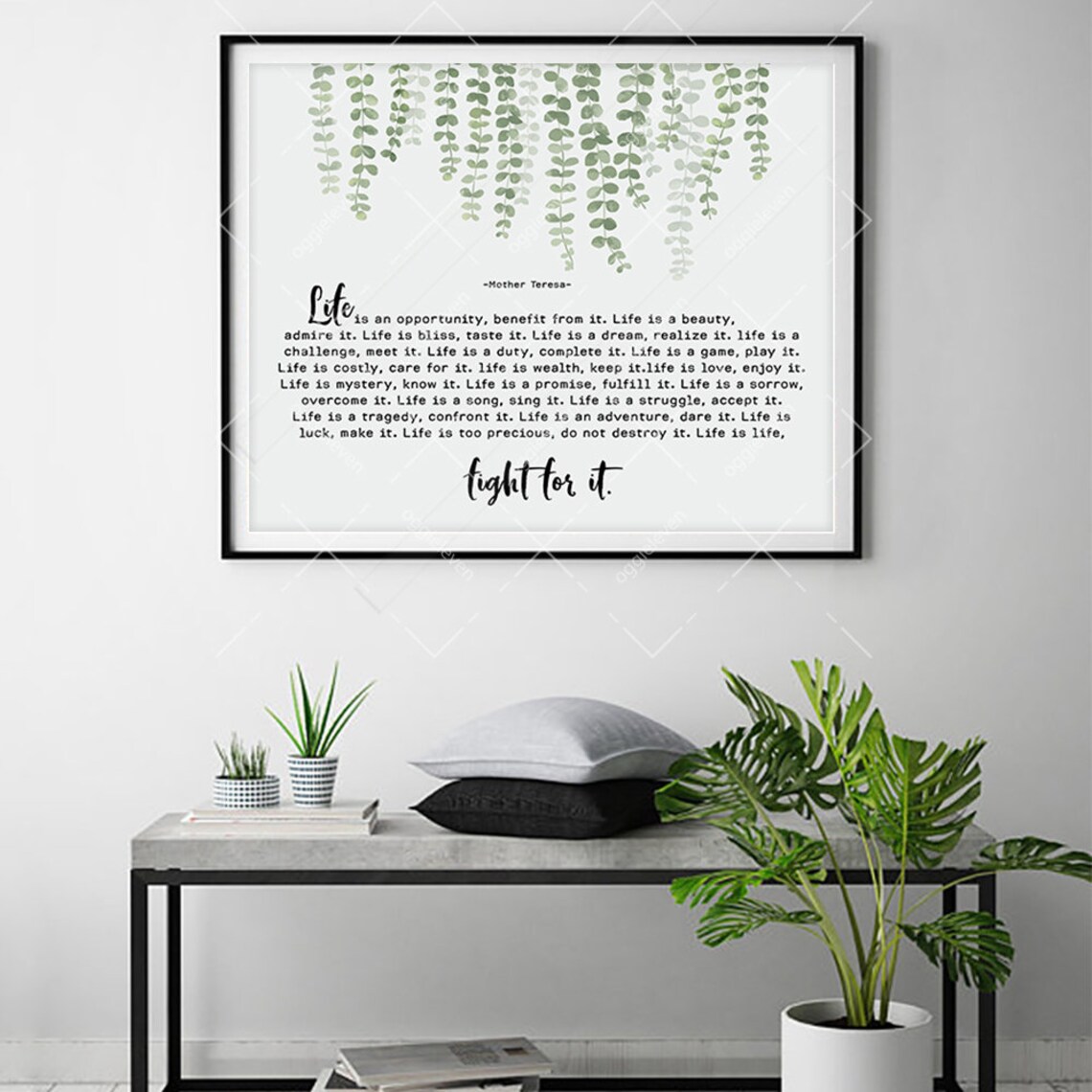 Mother Teresa Life Is An Opportunity Eucalyptus Quote Wall Art - Image 3