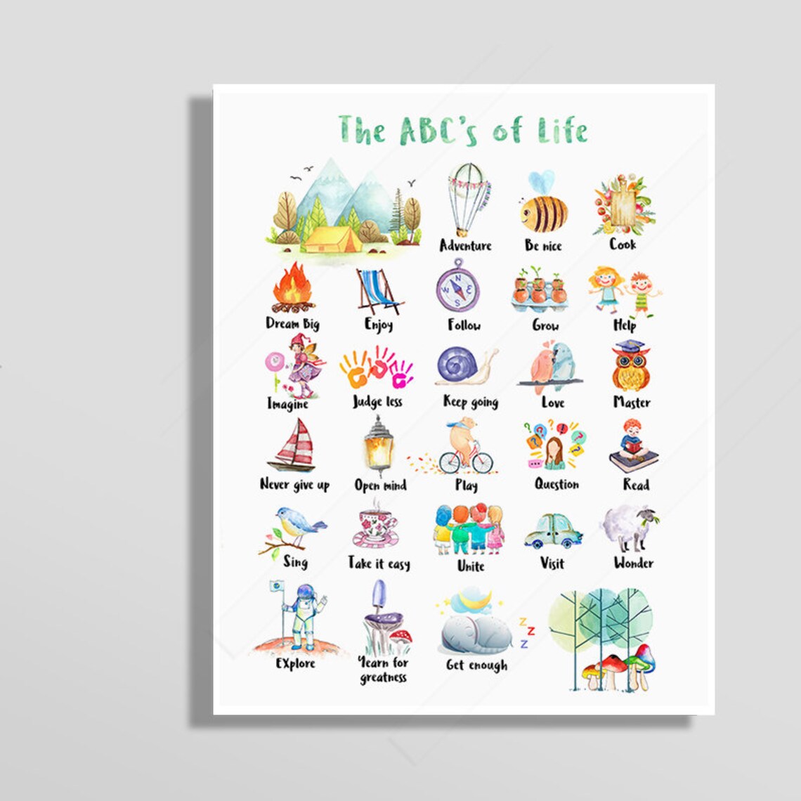 The ABCs Of Life Illustrated Alphabet Watercolor Icons Poster