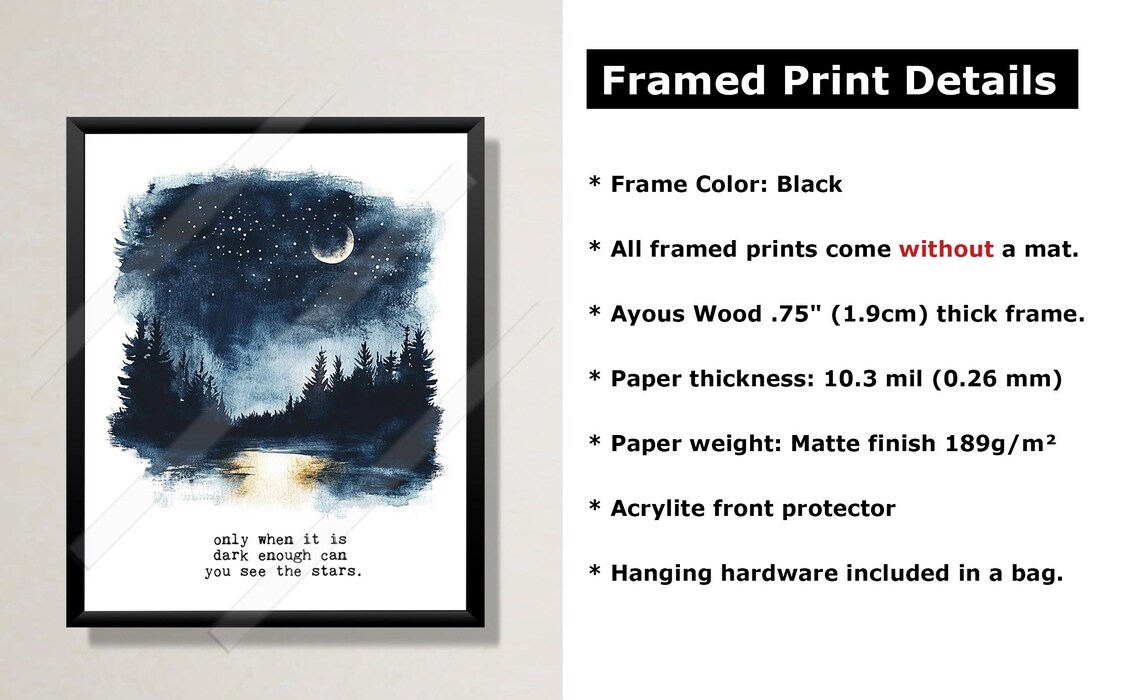 Dark Enough To See The Stars Quote Print Starry Night Lake Watercolor Forest Art - Image 2