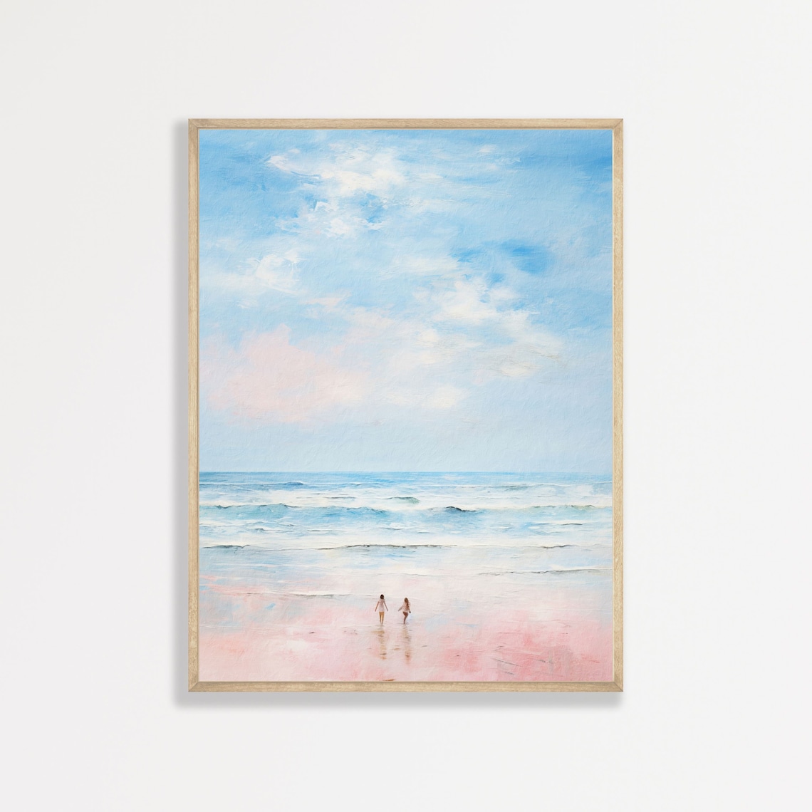 Two Figures Pink Beach Pastel Sky Minimalist Seascape Painting Poster