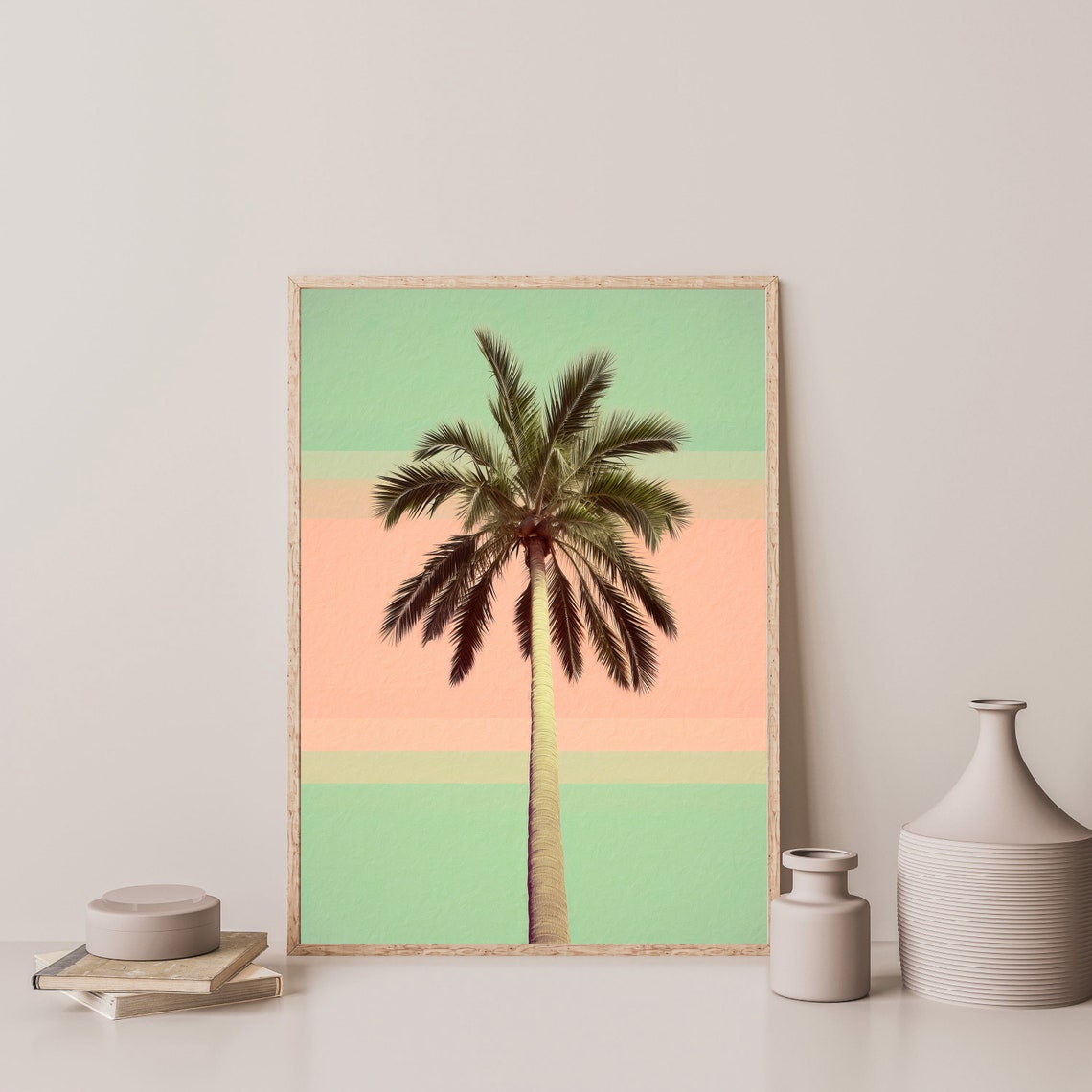 Retro Palm Tree Silhouette on Pastel Striped Sky Minimal Wall Art - Image 3