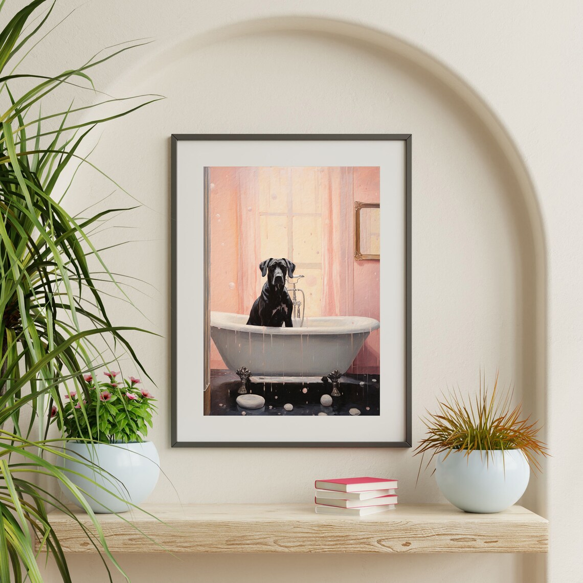 Black Dog In Clawfoot Bathtub Pink Bathroom Funny Pet Portrait Poster - Image 2