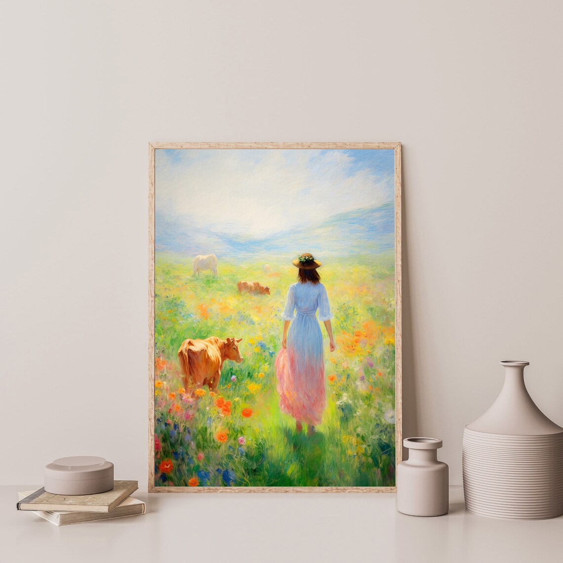 Country Girl with Cattle in Wildflower Meadow Pastel Painting Print - Image 3