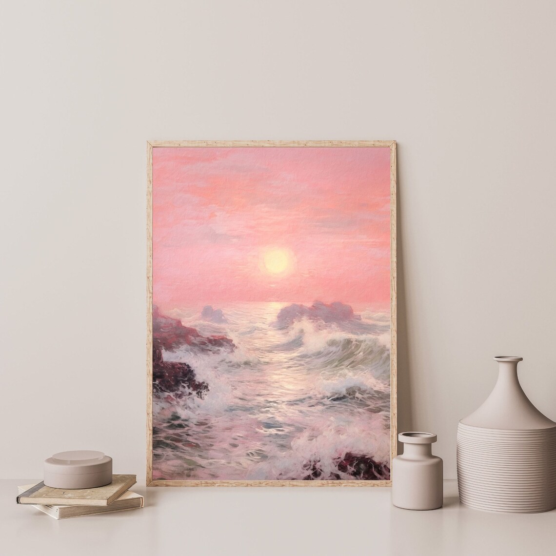 Retro Coastal Seascape Art Print, Pink Aesthetic - Image 3