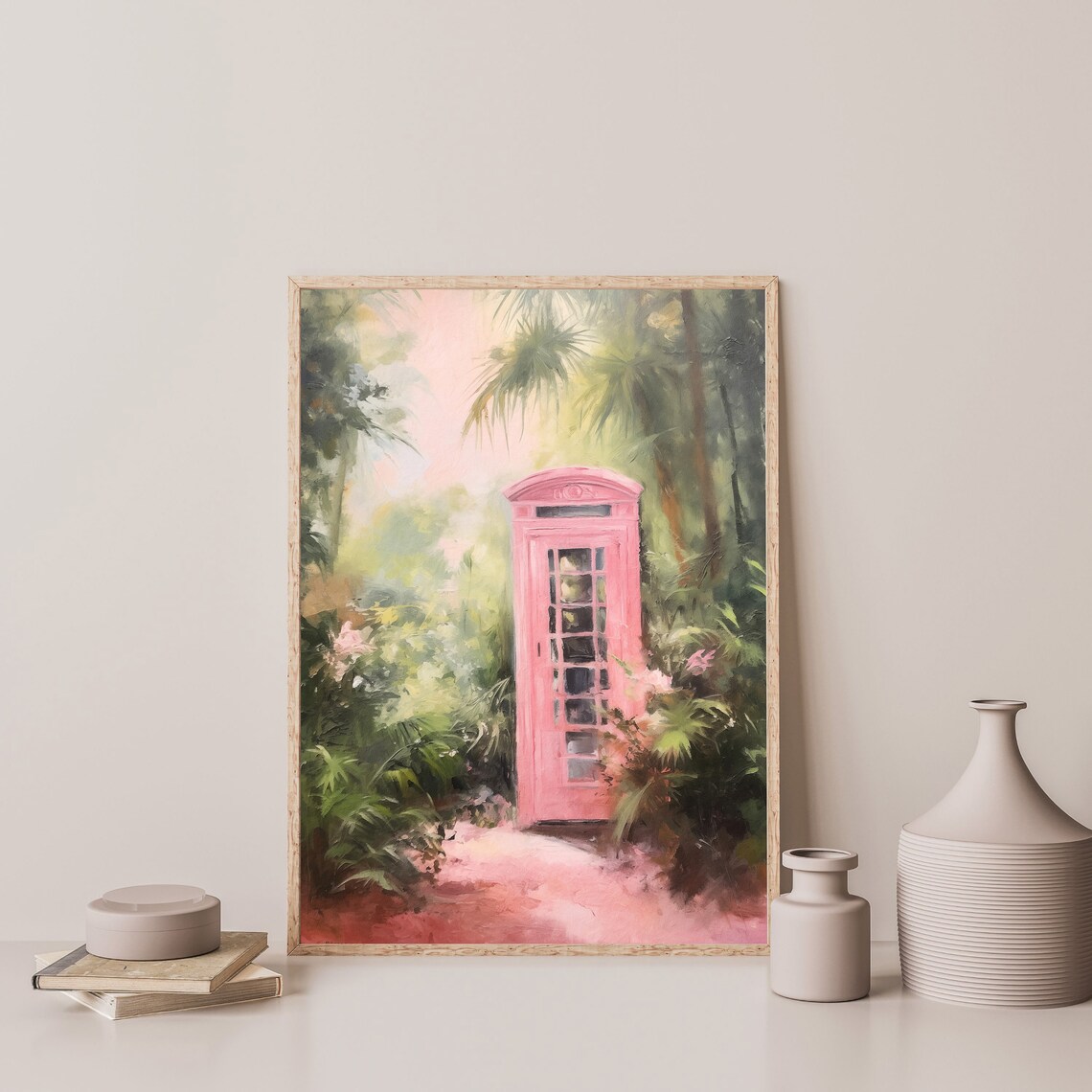 Pink Vintage Telephone Booth in Tropical Garden Painting Wall Art - Image 3
