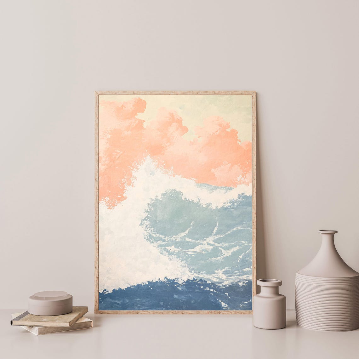 Ocean Wave Peach Pastel Sky Minimal Coastal Seascape Wall Art - Image 3