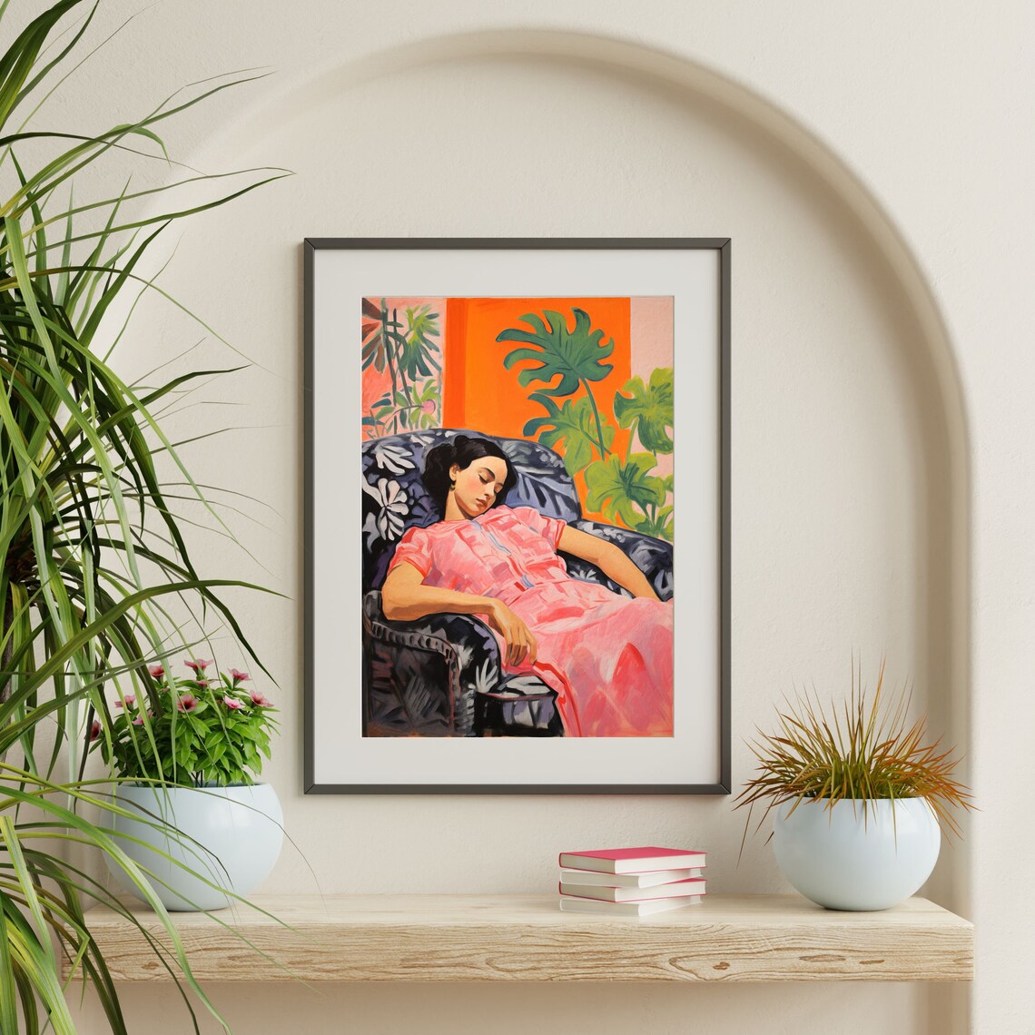 Woman Resting Floral Armchair Pink Dress Monstera Bold Interior Wall Art Print - Image 2