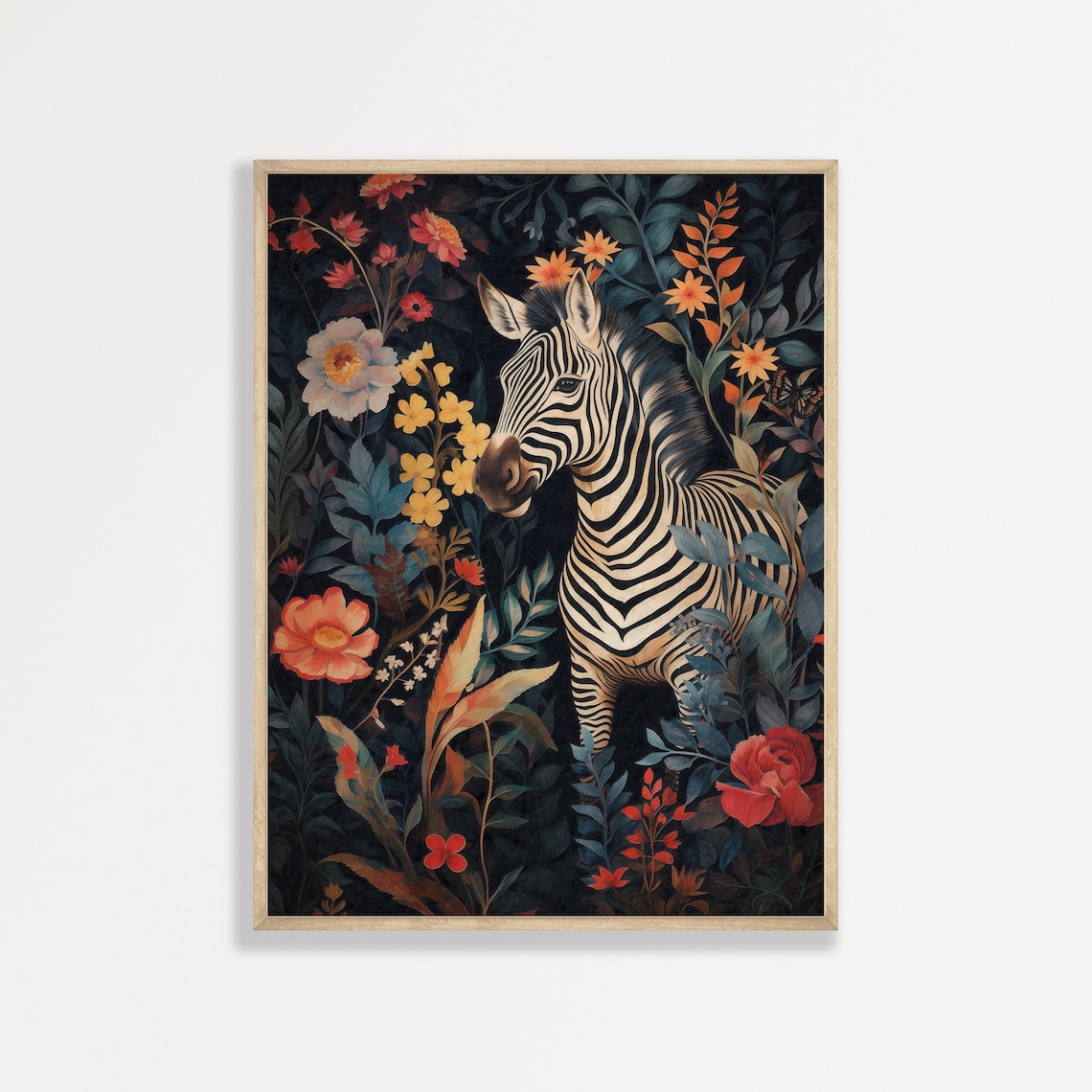 Zebra Dark Botanical Floral Jungle Vintage Maximalist Wildlife Art Print