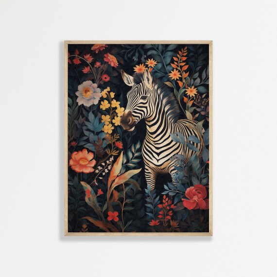 Zebra Dark Botanical Floral Jungle Vintage Maximalist Wildlife Art Print