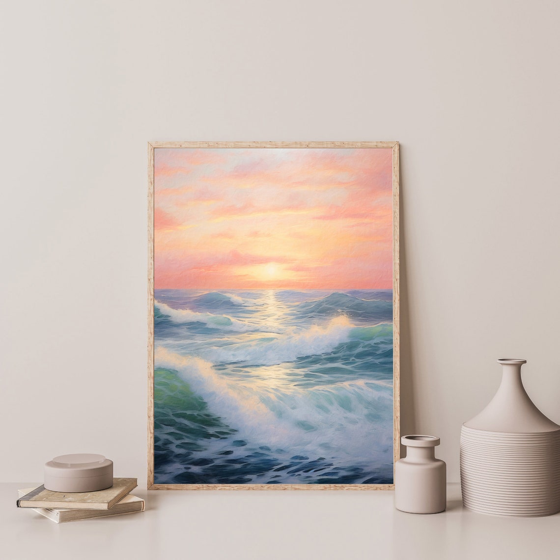 Pastel Sunset Ocean Waves Golden Sky Coastal Seascape Wall Art - Image 3