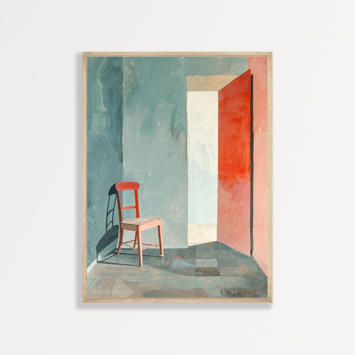 Minimal Red Chair Teal Room Open Doorway Contemporary Art Poster