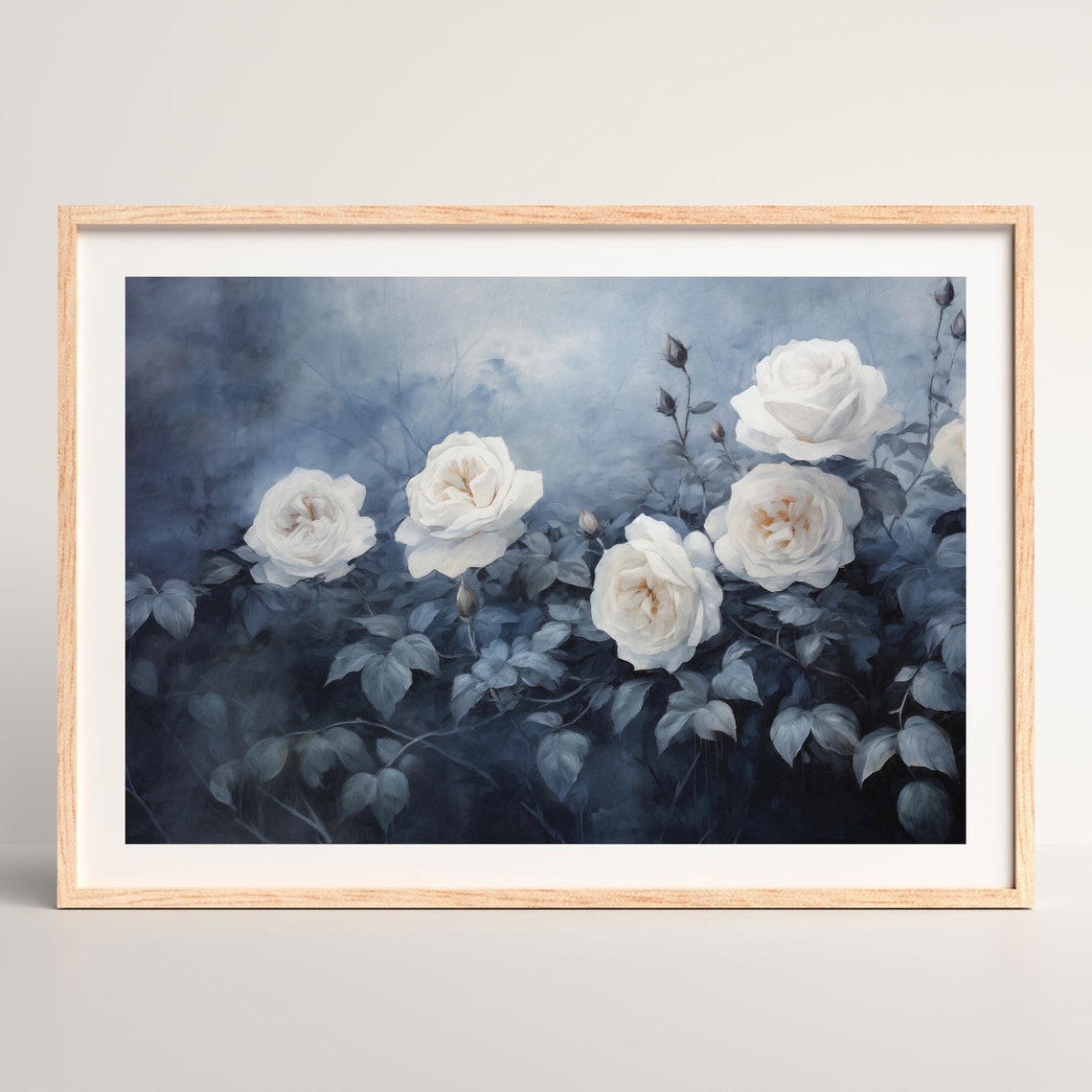 Vintage Roses Painting Antique Moody Still Life Wall Art Print Minimal Indigo Blue Floral Home Decor P 918 - Image 2