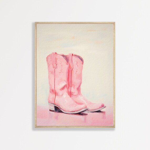 Pink Cowgirl Boots, Pastel Minimal Retro Art Print