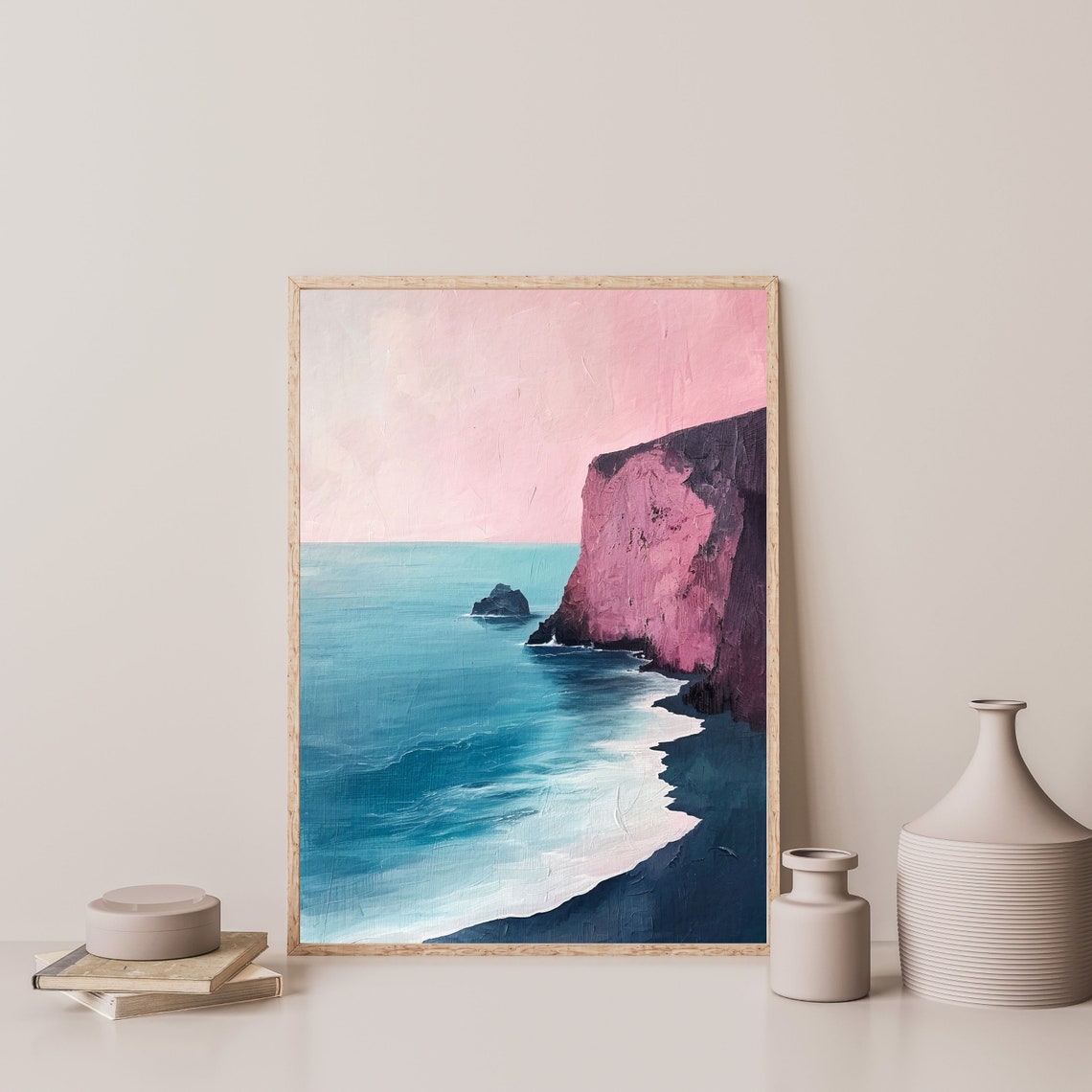 Magenta Cliff Teal Ocean Pink Sky Minimalist Coastal Painting Poster - Image 3