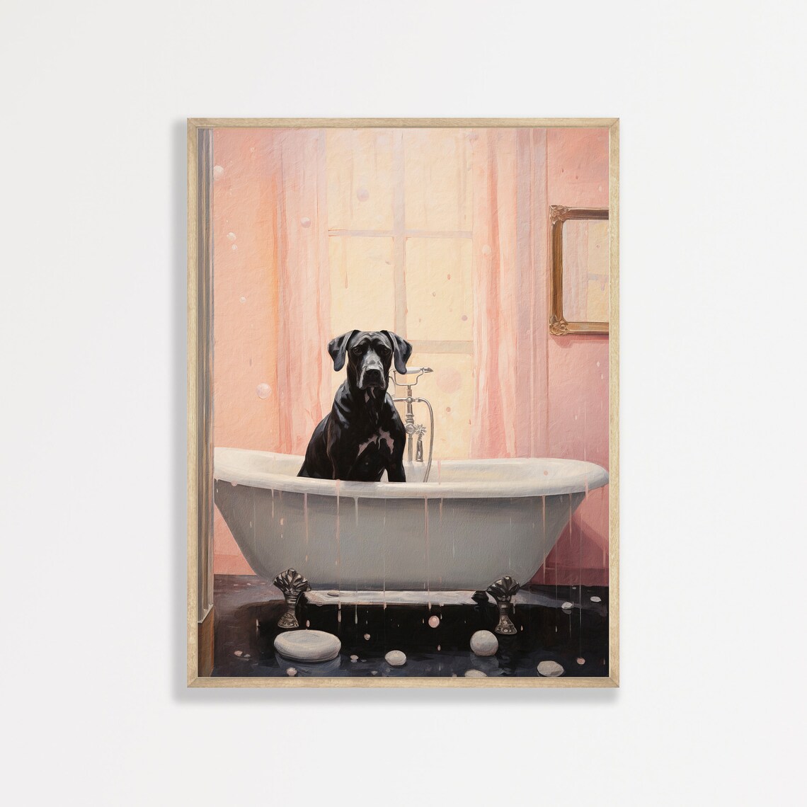 Black Dog In Clawfoot Bathtub Pink Bathroom Funny Pet Portrait Poster