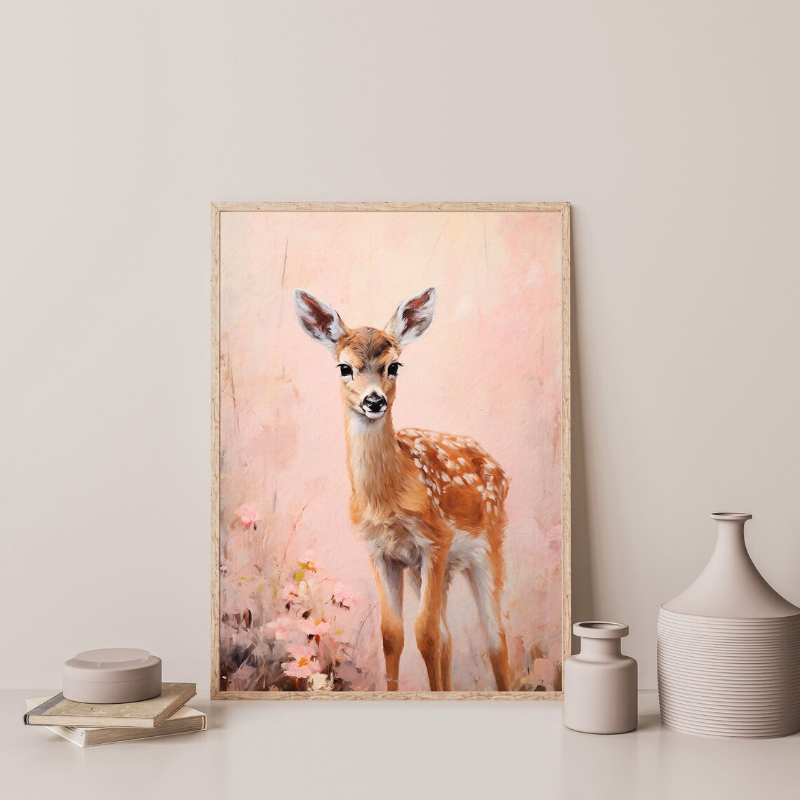 Baby Deer Fawn Pink Background Flowers Sweet Nursery Woodland Poster - Image 3