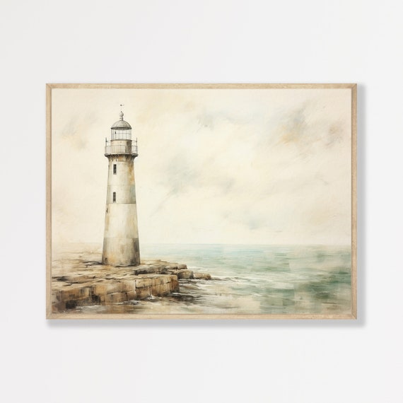 Lighthouse Painting Vintage Coastal Wall Art Rustic Neutral Beach Decor P 775