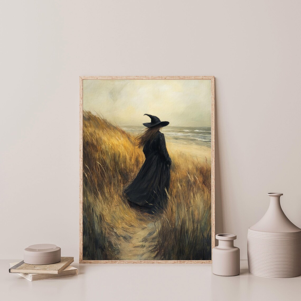 Beach Witch Walking Sand Dunes Toward Ocean Moody Vintage Art Poster - Image 3