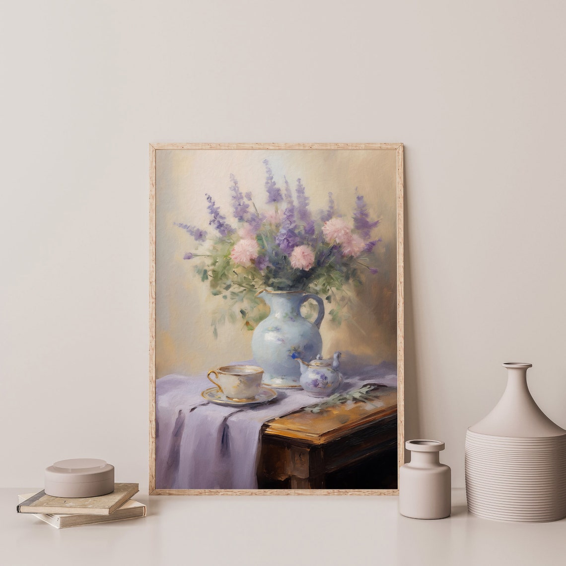 Purple Lilac and Pink Flower Still Life in Blue Vase Vintage Wall Art - Image 3