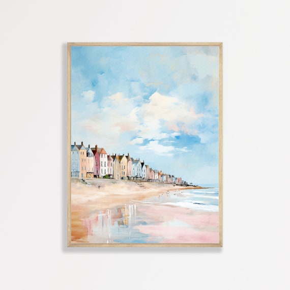 Retro Coastal Town, Minimal Beach Homes Art Print