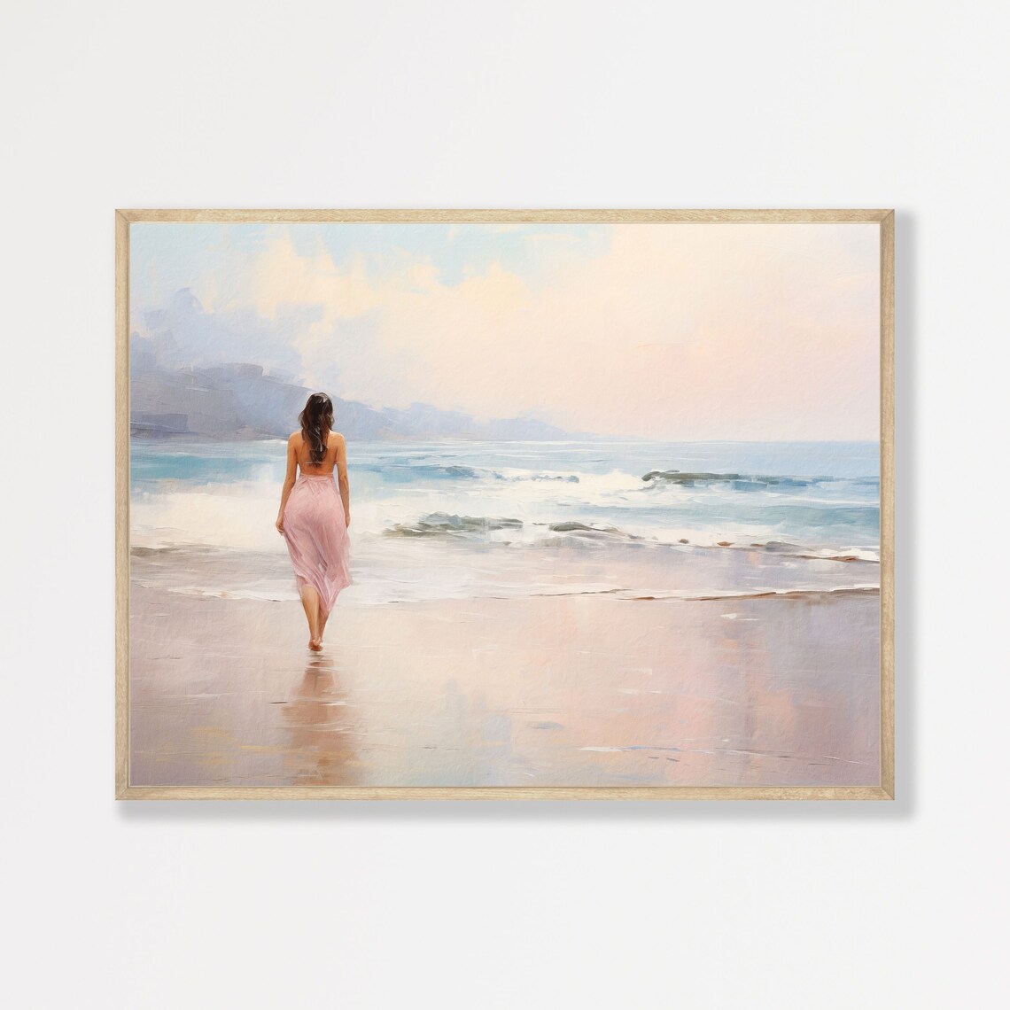Woman Walking Beach Pink Dress Pastel Ocean Waves Painting Poster