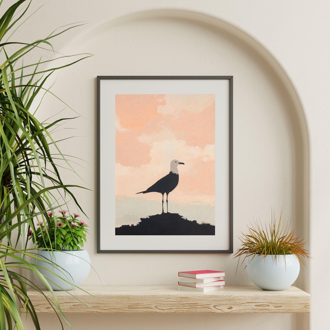 Seagull Silhouette Pastel Peach Sunset Sky Minimalist Beach Art Poster - Image 2